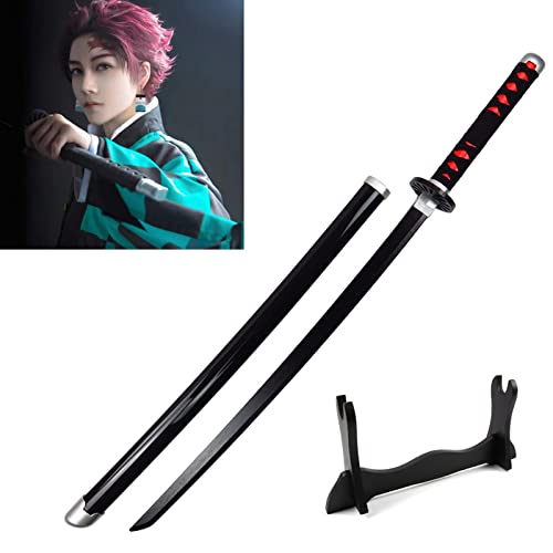 Uvency 41″Slayer Cosplay Tanjiro Holz Cosplay Anime Schwert Katana Schwert Spielzeug Holzschwert Japanisches Katana Handgemachte Exquisite Holzschwert Sammlerstücke/With Holder von Uvency