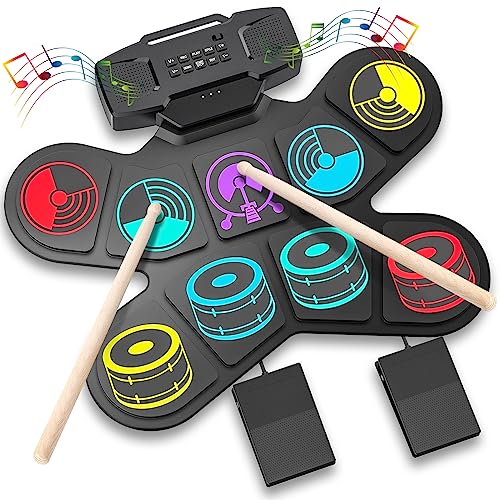 E Drum Set, Uverbon Elektronisches Schlagzeug Kinder Farbtrommelset mit USB-Aufladung Bluetooth MIDI Eingebaute Lautsprecher Roll Up Drum Kit für Kinder, Weihnachts und Geburtstagsgeschenk von Uverbon