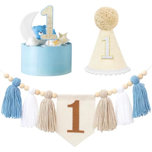 1. Geburtstag Dekorationen für Mädchen Jungen, Baby Erster Geburtstag Hochstuhl Banner Party Dekoration mit Quaste Banner Geburtstag Krone Hut Kuchen Topper für Babyparty Party Supplies von UxClishe