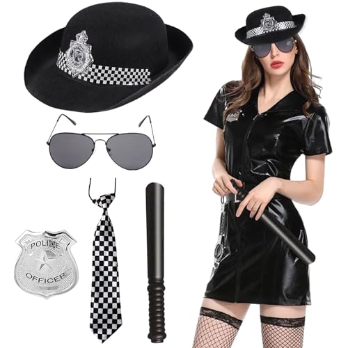 UxClishe Damen Polizei-Kostüm, 5-teiliges Set mit Hut, Abzeichen, Krawatte, Brille & Schlagstock für Damen, Cosplay, Halloween, Karneval, Bühne, Party von UxClishe