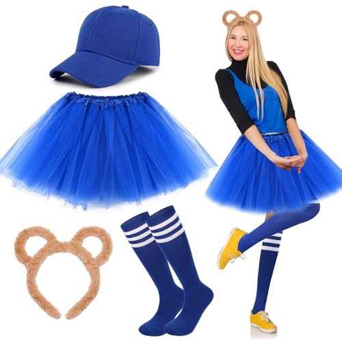 UxClishe Streifenhörnchen-Kostüm-Set, Streifenhörnchen-Kostüm, Outfit mit Tutu-Rock, Stirnband, Socken, Hut, Streifenhörnchen-Zubehör für Damen, Cosplay, Blau, 4-teilig von UxClishe