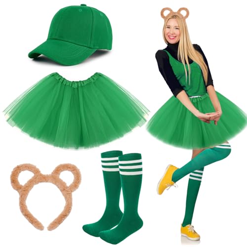 UxClishe Streifenhörnchen-Kostüm-Set, Streifenhörnchen-Kostüm, Outfit mit Tutu-Rock, Stirnband, Socken, Hut, Streifenhörnchen-Zubehör für Damen, Cosplay, Grün, 4-teilig von UxClishe