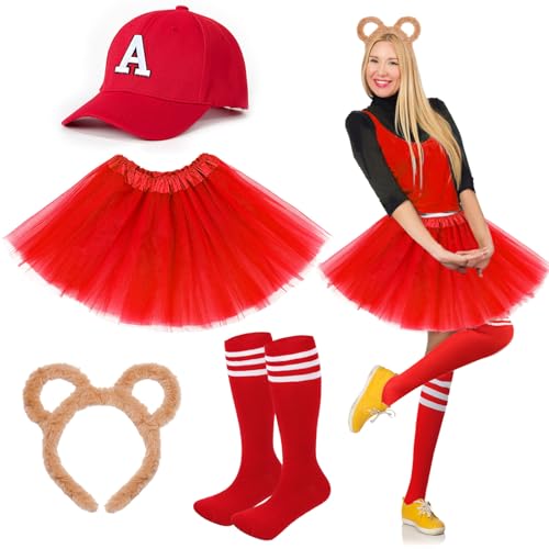 UxClishe Streifenhörnchen-Kostüm-Set, Streifenhörnchen-Kostüm, Outfit mit Tutu-Rock, Stirnband, Socken, Hut, Streifenhörnchen-Zubehör für Damen, Cosplay, Rot, 4-teilig von UxClishe