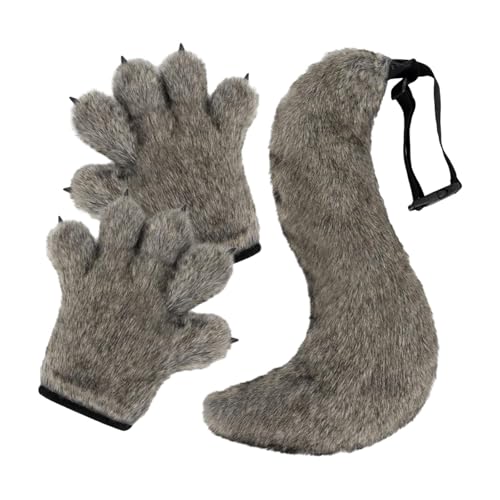 UxicRuya Halloween Wolf Handschuhe Und Schwanz Set, Feier Party Kostüm Zubehör Set, Grau von UxicRuya