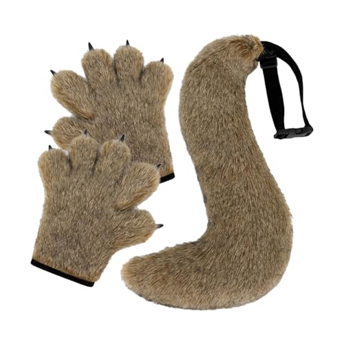 UxicRuya Halloween Wolf Handschuhe Und Schwanz Set, Feier Party Kostüm Zubehör Set, Hellbraun von UxicRuya