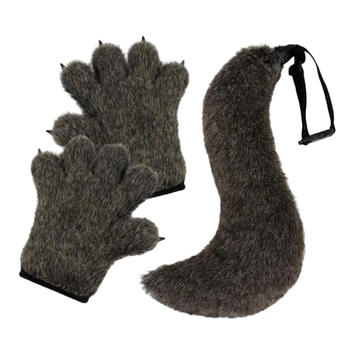 UxicRuya Halloween Wolf Handschuhe Und Schwanz Set, Feier Party Kostüm Zubehör Set, Schwarz von UxicRuya