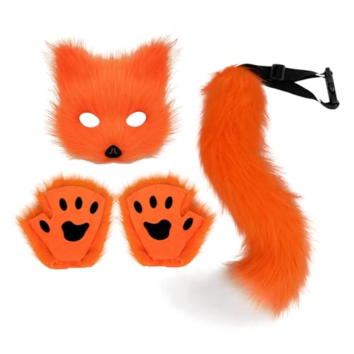 UxicRuya Therian Maske und Schwanz Verkleidung Tierschwanz Handschuhe Set für Nachtclub Abschlussball Geschenk, Orange von UxicRuya