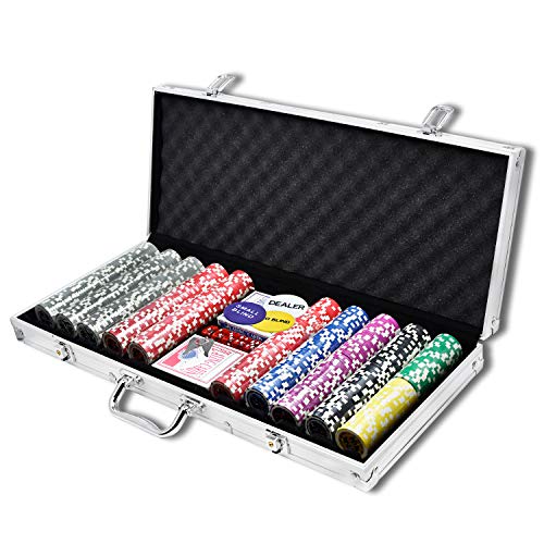 VA-Cerulean 500 Chips Pokerkoffer,Laser Pokerchips mit Aluminium-Gehäuse,inkl. 500x Hochwertigen Laserchips,2X Pokerdecks, 5X Würfel,1x Dealer Button,1x Small Blind,1x Big Blind(Silber) von VA-Cerulean