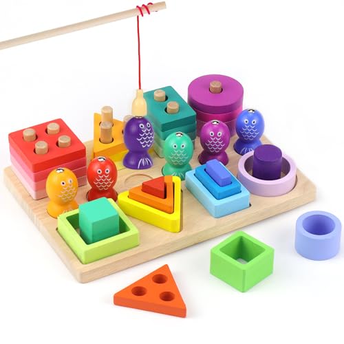 VAIAV Montessori Spielzeug ab 1 Jahr 3 in 1 Holzspielzeug Angelspiel Stapelspielzeug Farbe Erkennung Form Sorter Entwicklungsspielzeug von VAIAV