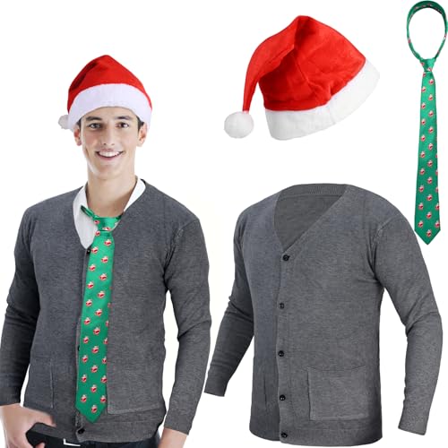 3-teiliges Weihnachts-Kostüm-Set aus dem Jahr 1989, mit grauem Cardigan-Pullover, Nikolausmütze und grüner Weihnachtskrawatte für 1980er-Jahre-Party, Schneedorf-Zubehör von VAIPI