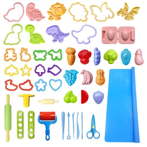 VAIYNWOM Knete Zubehör Set, 47 Stücke Knete Werkzeug Teig Plastilin Werkzeuge, Formen, Schere, Teigrolle, Dinosaurier, Tier, Knetmatte Aufbewahrungstasche von VAIYNWOM