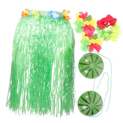 VALICLUD 1 Satz Strohrock-set Hawaii-partyröcke Hawaii-kleid Für Mädchen Hawaiianische Accessoires Elastischer Hawaiianischer Tänzerrock Blumenkostüm Tropisches Kostüm Green Seidenblume von VALICLUD