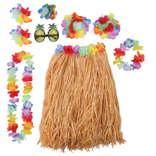 VALICLUD 8 Teiliges Hawaii Hula Kostümset Mit Grasrock Blumenarmbändern Kopfband Haarclip Und Sonnenbrille Klassischer Hula Rock Für Tropenpartys Und Luau Feiern von VALICLUD