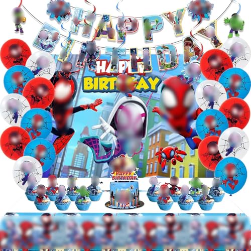 Spiderman Geburtstagsdeko 66 Stück Spidey und Seine Super-Freunde Kindergeburtstag Deko Enthält ‘Happy Birthday’ Banner, Kulisse, Tischdecke, Kuchentopper, Hängewirbel, Cupcake-Topper, Latexballons von ZYZYZK