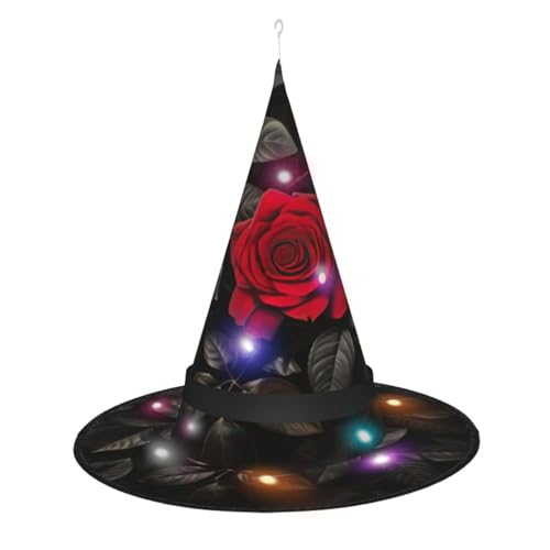 VANTUT Rote Rose und schwarze Blätter, Halloween-Hexenhüte, LED-Lichter, Frauenkostüm, Zubehör, Cosplay, Erwachsene, breite Krempe, 2 Stück von VANTUT