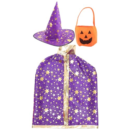 VANZACK Kinder Halloween Kostüm: Wizard Cape Witch Umhang mit Hut, Kürbis Candy Bag, Kinder Hexen Zauberer Umhang für Halloween-Karnevalskostüme Jungen Mädchen 1Set (Lila) von VANZACK