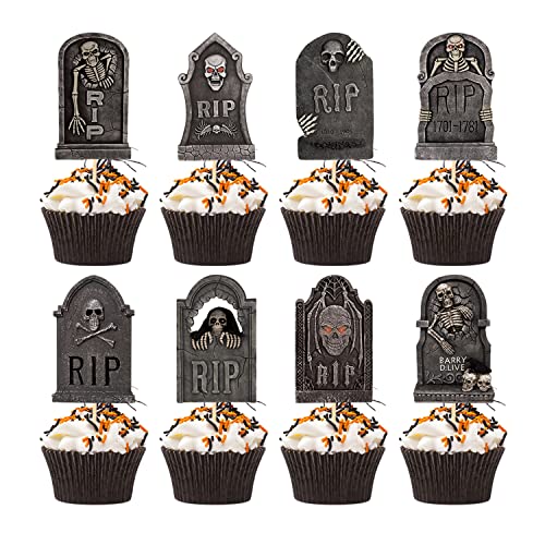 VARACL 24 Stück Grabstein Halloween Cupcake Topper, Grabstein Friedhof Kuchen Topper in 8 Designs Gruselige Cupcake Dekoration Tisch Mittelstück Sticks Vorspeisen Picks für Halloween Party Supplies von VARACL