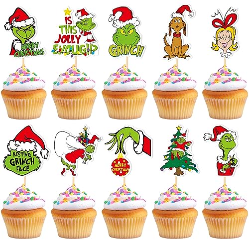 VARACL 30 Stück Grich Cupcake Topper, Grich Weihnachten Cupcake Toppers Lebensmittel Obst Picks für Grich Party Dessert Dekoration, Grich Geburtstag Kuchen Dekor, Grich Weihnachten Party von VARACL