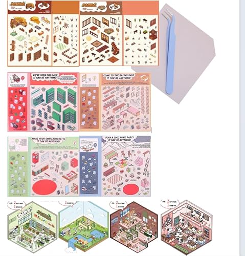 VARKAGE 10 Sets DIY 3D Sticker Scene, Cute Fun DIY 3D House Stickernest, Make Your Own Buchhandlung, Bäckerei, Supermarkt Miniatur Sticker Scene mit Tweezer für Adult Kids Relief Stress Pass The Time von VARKAGE