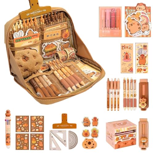 VARKAGE 51 Stück Capybara Schreibwaren Set, Capybara Stifte, Süßes Schreibwaren Geschenkset Für Kinder, Mit Stiften, Clips, Linealen Und Mehr, Federmäppchen, Für Büro, Schule, Kinder, Schüler von VARKAGE