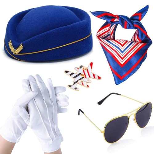 VASANA Blaues Flugbegleiter-Kostüm-Zubehör-Set für Damen, Flugbegleiter-Kostüm, Zubehör, Cosplay-Outfit für Erwachsene, Mädchen, Cosplay, Verkleidungsparty, 5-teilig von VASANA