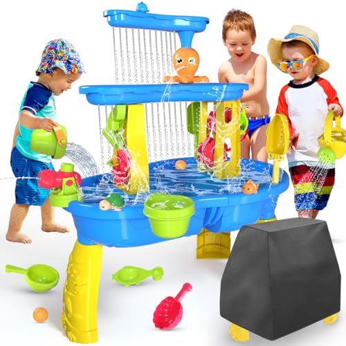 VATOS 3 Tier Sand Wasser Tabelle mit Tischabdeckung, Kinder Splash Sand Tabelle Wasser Spielzeug für Alter 3-7, Sommer Wasser Aktivität Tisch Strand Hinterhof Garten Outdoor-Spielzeug für Kleinkinder von VATOS