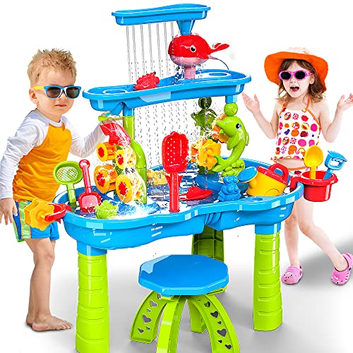 VATOS 3 Tier Sand Wasser Tisch, Kinder Splash Sand Tabelle Wasser Spielzeug für Alter 3 4 5 6 7 8 9, Activity Sensory Tisch Sommer Strand draußen Spielzeug für Kleinkinder Kinder von VATOS