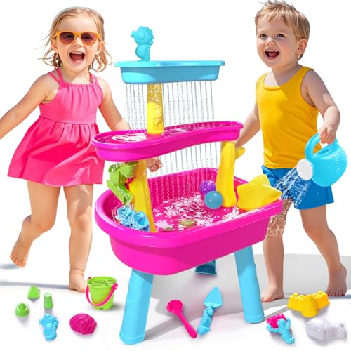 VATOS 3-Tier Wassertisch für Kinder 1-3, 37 Stück Kinder Wassertisch Regen Duschen Splash Pond Set für Outdoor-Hinterhof, Aktivität Sensory Sand Wasser Tische Sommer Spielzeug für Mädchen, Rosa von VATOS