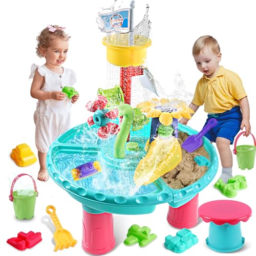 VATOS 3 in 1 Wasserspieltisch, 31 STÜCK Set Sand Wassertisch für Kinder, Wasserspieltisch Draußen Strandspielzeug Garten Hinterhof Sommer Outdoor Sand Spielzeug for Junge Mädchen 3 4 5 6 Jahre von VATOS