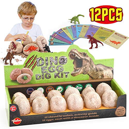 VATOS Dinosaurier Eier 12 Stück, Dinosaurier Ei Toy Entdecken sie 12 Verschiedene Dinos, Archäologie Spielzeug STEM Lernspielzeug Party Dinosaur Figuren für 6-10 Jahre Jungen Mädchen Kinder Geschenk von VATOS