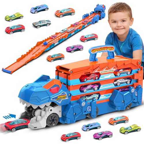 VATOS Dinosaurier Transport Truck Auto Spielzeug - 2 in 1 Auswurf Folding Portable Track Auto Spielzeug mit 8 Race Cars, Träger Fahrzeuge Spielzeug-Set für Kinder Jungen 3-5 Jahre alt von VATOS