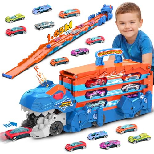 VATOS Dinosaurier Transport Truck Auto Spielzeug - 2 in 1 Auswurf Folding Portable Track Auto Spielzeug mit 8 Race Cars, Träger Fahrzeuge Spielzeug-Set für Kinder Jungen 3-5 Jahre alt von VATOS