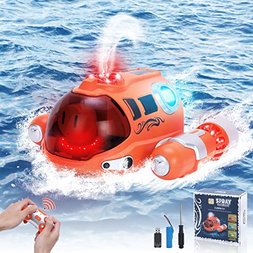 VATOS Ferngesteuertes Boot für Kinder, 2.4Ghz RC Motorboot Spielzeug Dual Propeller Wasserdicht mit Sprühnebel,Licht & 360° Rotation, Sommer Besprühtes Spielzeug für Jungen 3-12 Wasser Party Geschenk von VATOS