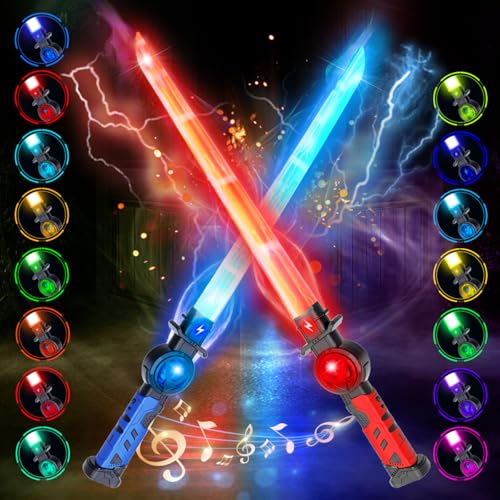 VATOS Neue 2 Stück Wiederaufladbare Lichtschwert für Kinder,15 RGB Variable Farbe Lichtschwert mit Kampf Soundeffekten,2 in 1 Retractable LED Laserschwert Spielzeug für Cosplay,Samurai Themenparty von VATOS