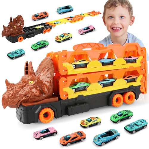 VATOS Transport Truck Spielzeug Autos für Jungen Alter 3 4 5 6 7, tragbare Dinosaurier Rennstrecke Truck Spielzeug mit 6 Rennwagen, Träger LKW Fahrzeuge Spielzeug Set für Kinder von VATOS