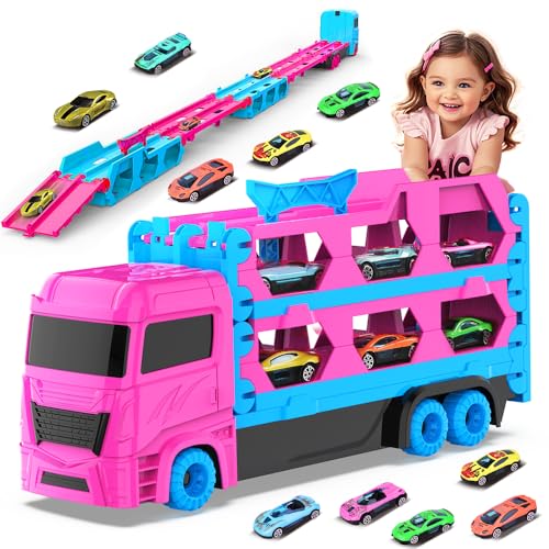 VATOS Transport Truck Spielzeug Autos für Mädchen Alter 3 4 5 6, Kleinkinder Portable Truck Spielzeug mit 6 Race Cars, Carrier Fahrzeuge Set für Kinder von VATOS