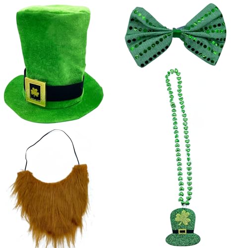 Saint Patrick Day Kostümzubehör-Set enthält Zylinderhut, Bart, Fliege und Halskette, Kobold, grünes Verkleidungskostüm für St. Patrick's Day, Dekoration, Partyzubehör, irisches Grünparade-Kostüm von VAWcornic