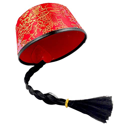 Orientalischer Hut，Party Cosplay Hut Chinesischer Mandarin-Hut for Erwachsene, roter Stoff, Haarzopf, Blumenmuster, Neujahrs-Kostüm for Herren und Damen, hübscher Garten-Festival-Kopfschmuck von VAYEODEYU