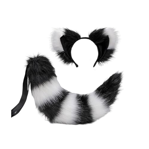 VAYEODEYU Cosplay-Requisiten-Sets, Fuchsschwanz und Ohren, Katzen-Wolf-Waschbär-Ohren und Schwanz-Set, Damen-Plüsch-Pelztier-Halloween-Rollenspiel-Kostümzubehör(Black and White) von VAYEODEYU