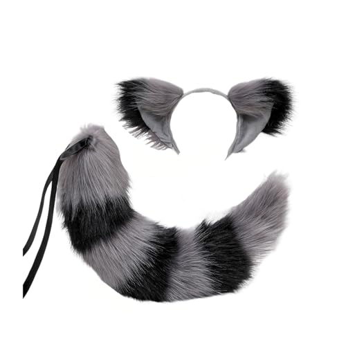 VAYEODEYU Cosplay-Requisiten-Sets, Fuchsschwanz und Ohren, Katzen-Wolf-Waschbär-Ohren und Schwanz-Set, Damen-Plüsch-Pelztier-Halloween-Rollenspiel-Kostümzubehör(Gray Black) von VAYEODEYU