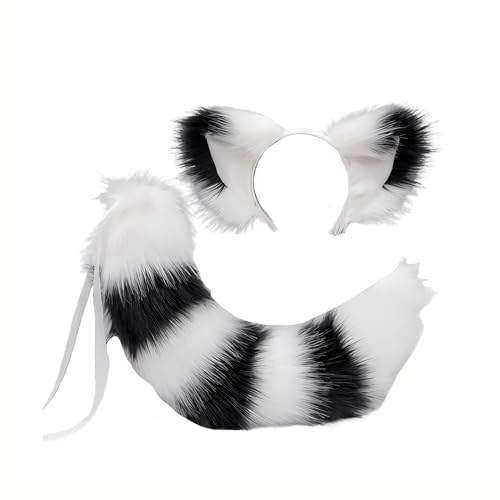 VAYEODEYU Cosplay-Requisiten-Sets, Fuchsschwanz und Ohren, Katzen-Wolf-Waschbär-Ohren und Schwanz-Set, Damen-Plüsch-Pelztier-Halloween-Rollenspiel-Kostümzubehör(White and Black) von VAYEODEYU