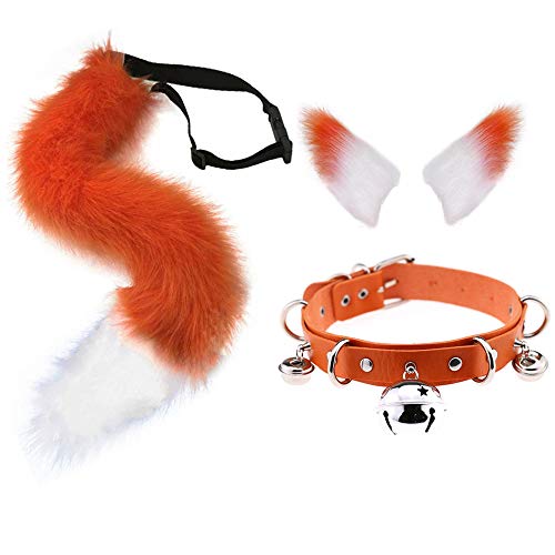 VAYEODEYU Cosplay-Requisiten-Sets, Kunstpelz Wolf Fuchsschwanz Ohren Haarspangen und Glocke Leder Halsband Set Halloween Weihnachten Cosplay Party Kostüm Spielzeug Geschenk(Orange) von VAYEODEYU