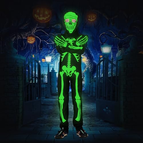 VAZILLIO Halloween Kostüm Kinder, Glühen in der Dunkelheit Kinder Jumpsuit skull Kostüm Fancy Dress mit Fluoreszierende Maske & Handschuhe für Kinder Halloween Rollenspiele,Horror Party,Karneval von VAZILLIO