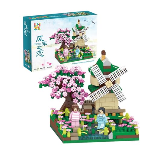 Mikro-Mini-Bausteine mit Kirschblüten-Bonsai-Baum-Set, Mini-Steine, Sakura-Baumhaus, 3668 Teile, gutes Geschenk für Kinder ab 14 Jahren und Erwachsene (Farbe: Windmühle, Größe: 600 Stück) von VAZZIC