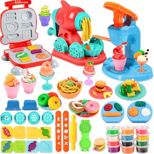 VBACALA 3 in 1 Knete Set,Kinder Knete Zubehör mit Knete Eismaschine Nudelmaschine Hamburgermaschine Kitchen Creative Dough Knetwerkzeug,12 Dosen Knete,Knete ab 3 Jahre Kinderknete von VBACALA