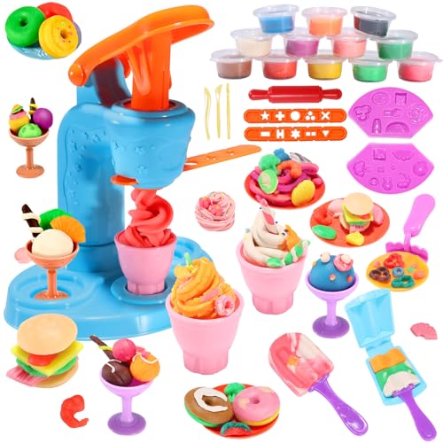 VBACALA Knete Set,Knete Zubehör Knete Eismaschine Set für Kinder,Kinderknete Eismaschine Kitchen Creations 34PCS Knetwerkzeug mit 12 Farben Knetmasse,Knete ab 3 Jahre Mädchen & Junge von VBACALA