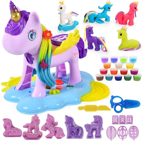 VBACALA 36 PCS Knete Set für Kinder,Knetset Einhorn mit 1 Einhorn Frisur 5 Einhorn Form,16 Dosen Bunte Knete,DIY Knete Zubehör mit Knetwerkzeug,Einhorn Geschenke für mädchen Junge Knete ab 3 Jahre von VBACALA