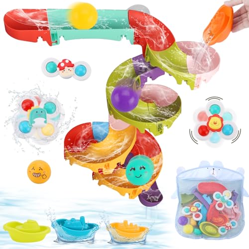 VBACALA 45 PCS Badewannenspielzeug Kinder,Badespielzeug,DIY Kugelbahn Badewannen Spielzeug ab 1 2 3 Jahre,Wasserspielzeug Saugnäpfe,Kugeln,Boote,Saugnapf Spinner,aufbewahrung,Geschenk Mädchen Junge von VBACALA