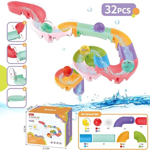 VBACALA 45 PCS Badewannenspielzeug Kinder,Badespielzeug,DIY Kugelbahn Badewannen Spielzeug ab 3 Jahre,Wasserspielzeug Kinder Saugnäpfe,Kugeln,Boote,Saugnapf Spinner,aufbewahrung,Geschenk Mädchen Junge von VBACALA