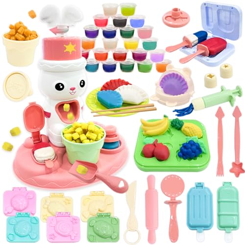 VBACALA 64 PCS Knete Zubehör für Kinder,Popcornmaschine Knete Set,Kinderknete Kitchen Creations Knete Eismaschine,Zucker,Obst mit Knetwerkzeug 24 Dosen Knetmasse Knete ab 3 Jahre Geschenk von VBACALA